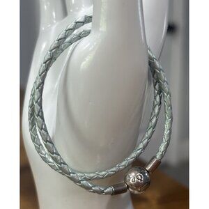 PANDORA 925 Sterling Silver Braided Leather Double Bracelet BLUE, 13 Inches